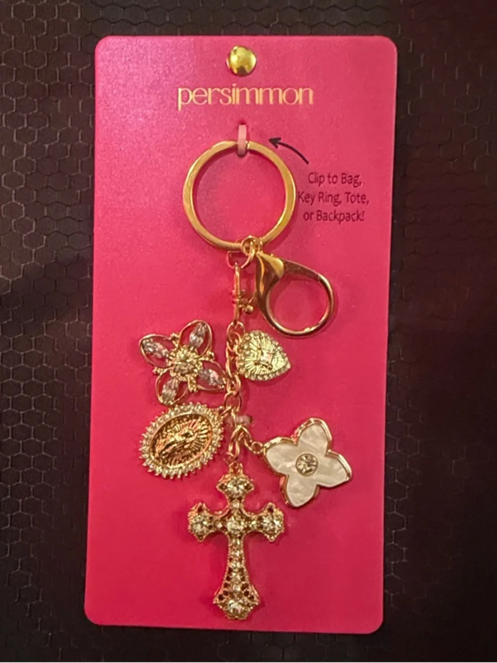 Persimmon Pink Gold-Tone Cross & Charm Keychain